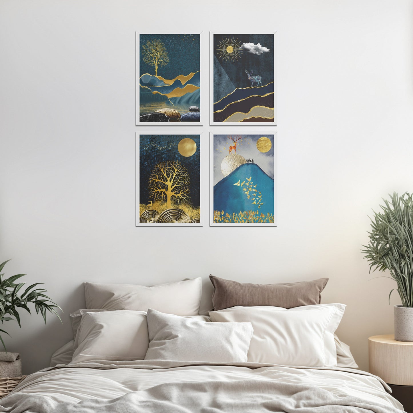 Bed Room Preview of Moonlit Majesty – Nature & Deer Art Decor Set of 4 in White Color Frame