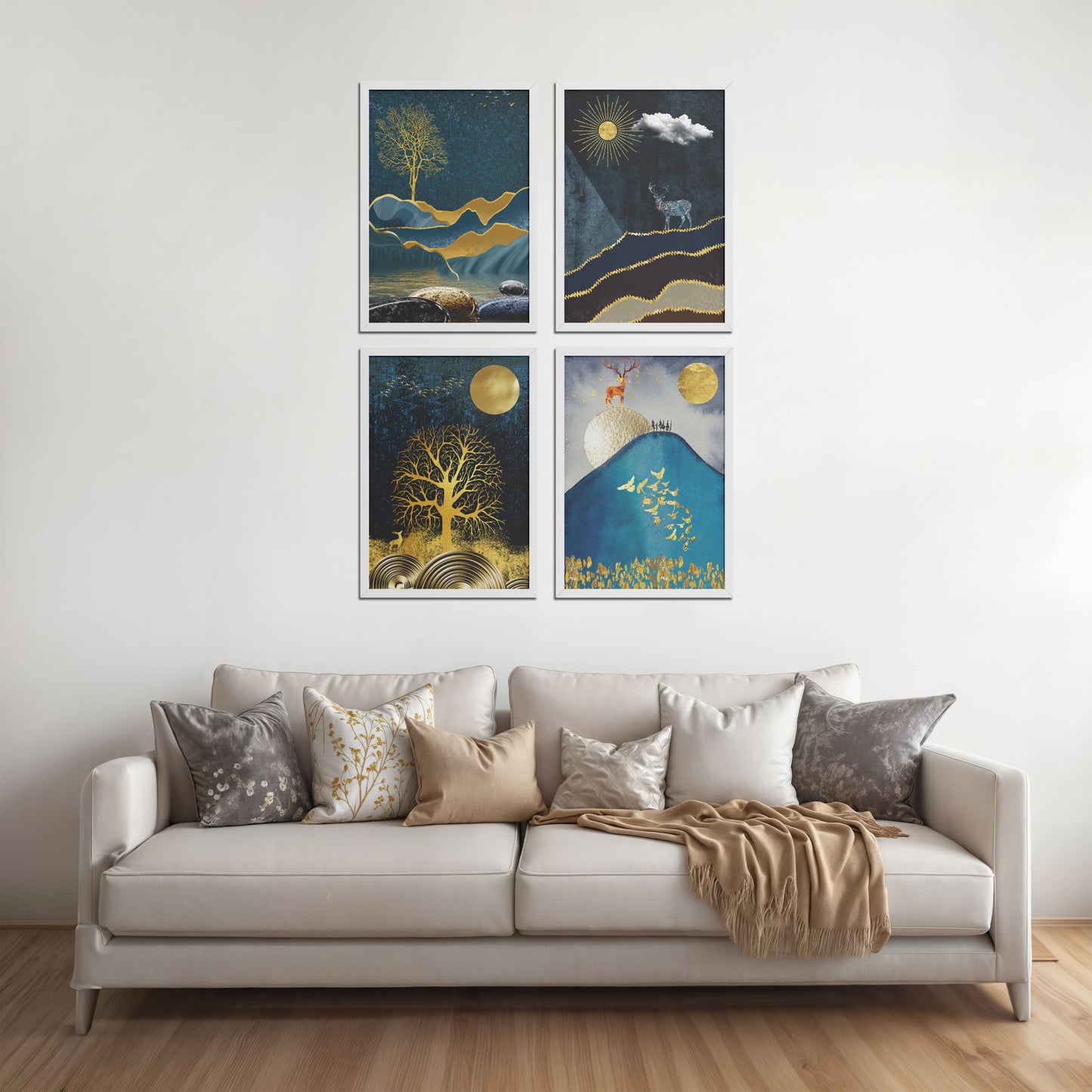 Living Room Sofa Preview of Moonlit Majesty – Nature & Deer Art Decor Set of 4 in White Color Frame