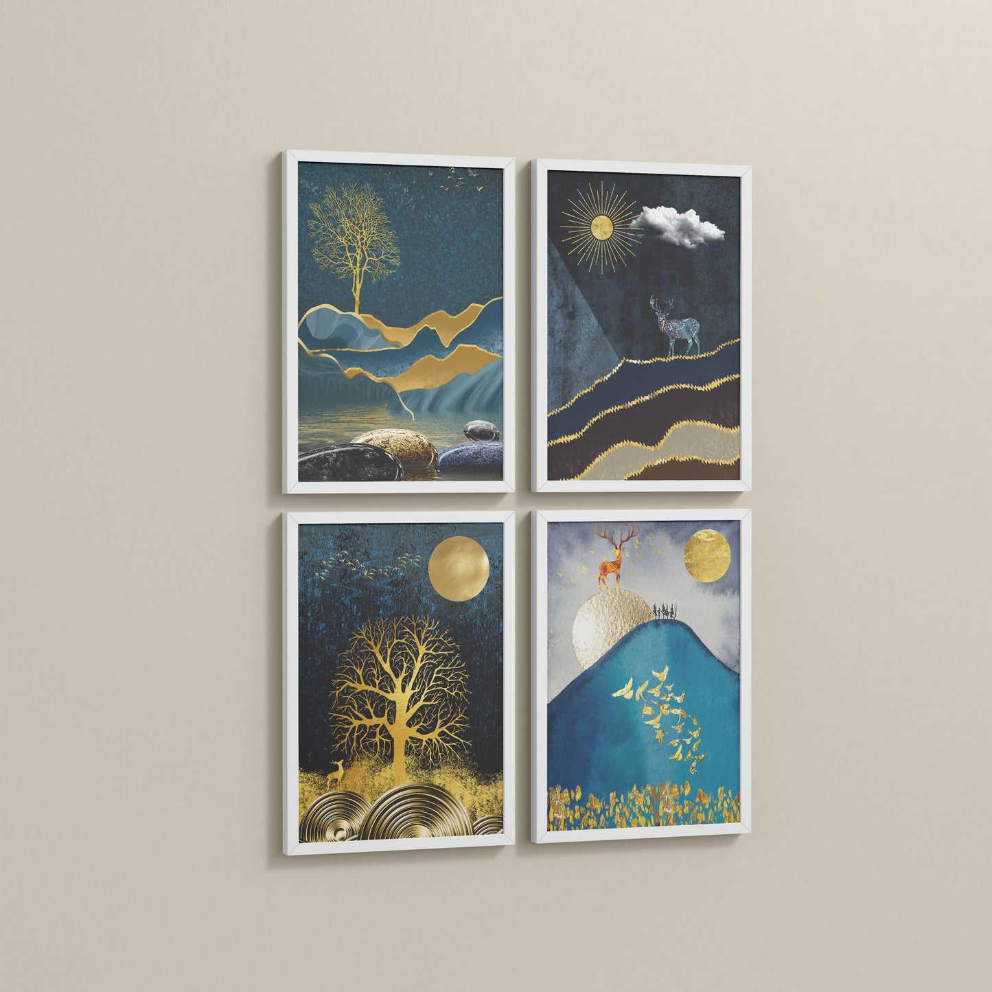 Side View of Moonlit Majesty – Nature & Deer Art Decor Set of 4 in White Color Frame