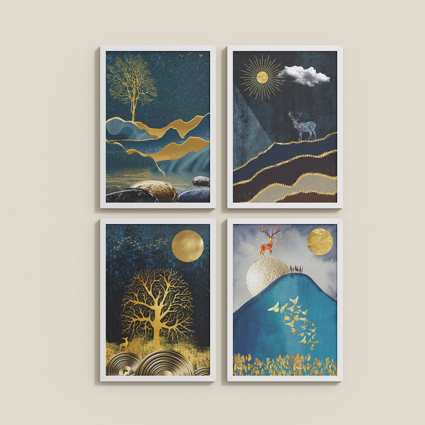Wall View of Moonlit Majesty – Nature & Deer Art Decor Set of 4 in White Color Frame