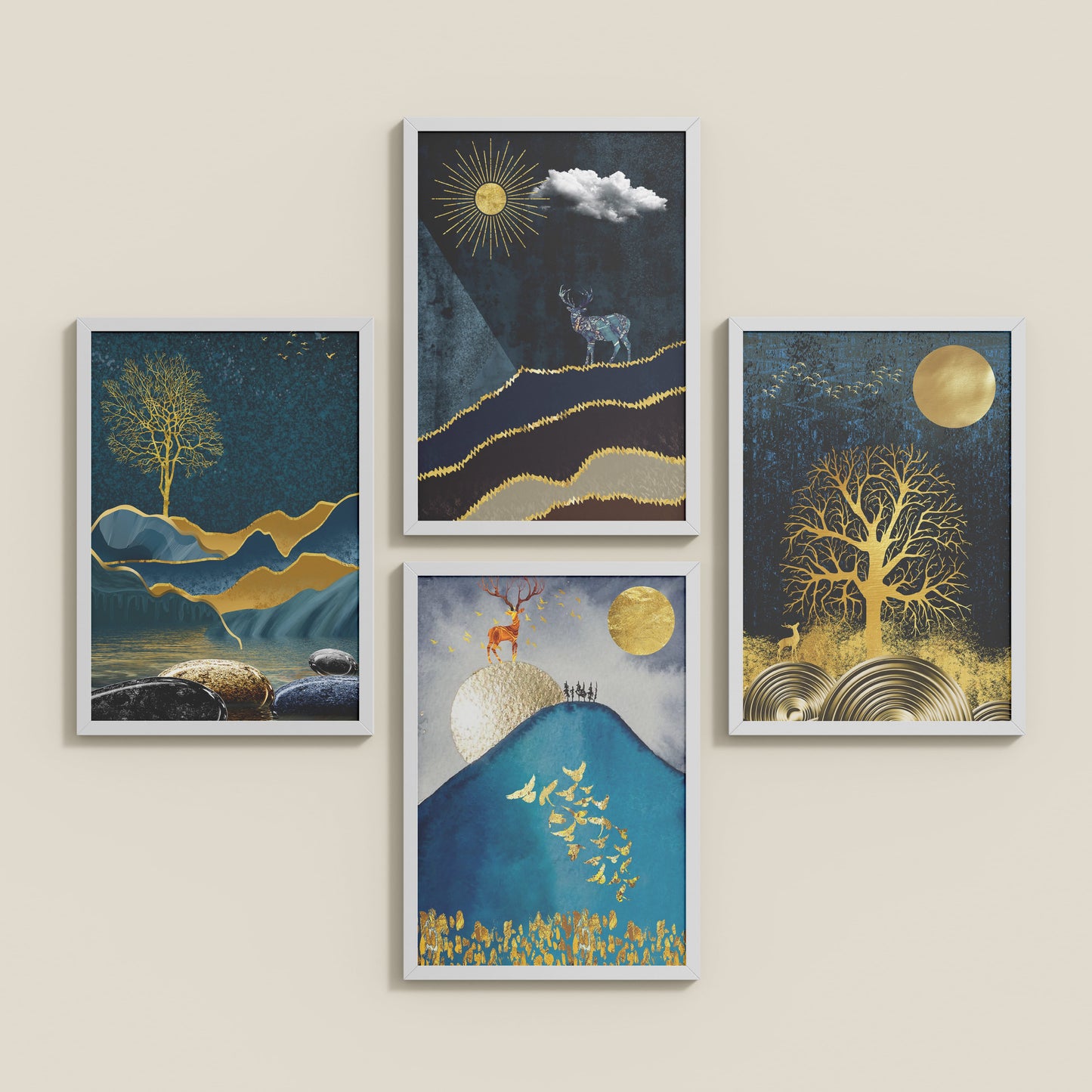 Inclined Floor View of Moonlit Majesty – Nature & Deer Art Decor Set of 4 in White Color Frame
