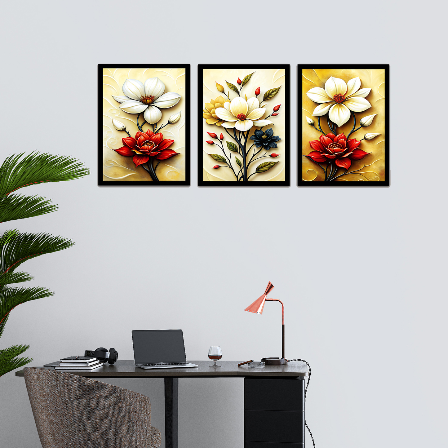 Red & White Flower in Floral Art Frame & Wall Painting