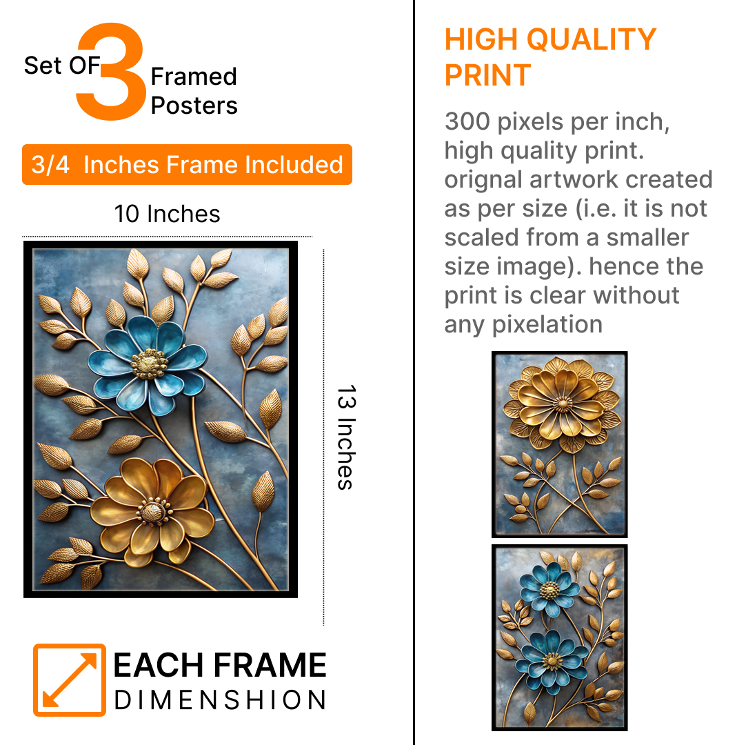 Abstract Golden & Blue Floral Art Frames & Wall Décor