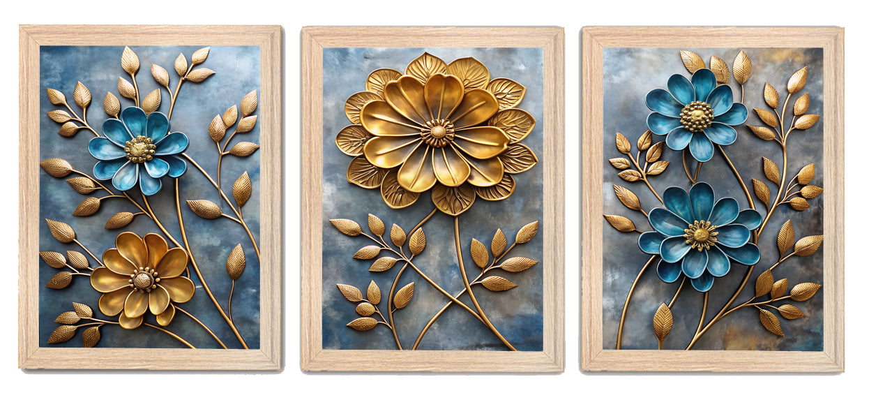 Abstract Golden & Blue Floral Art Frames & Wall Décor
