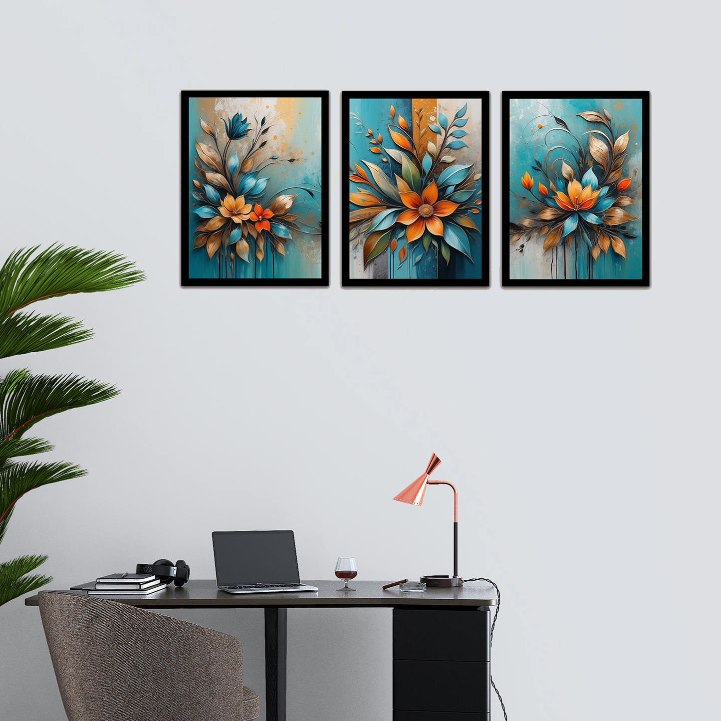 Modern Abstract Floral & Plant Metal Texture Frame and Wall Décor