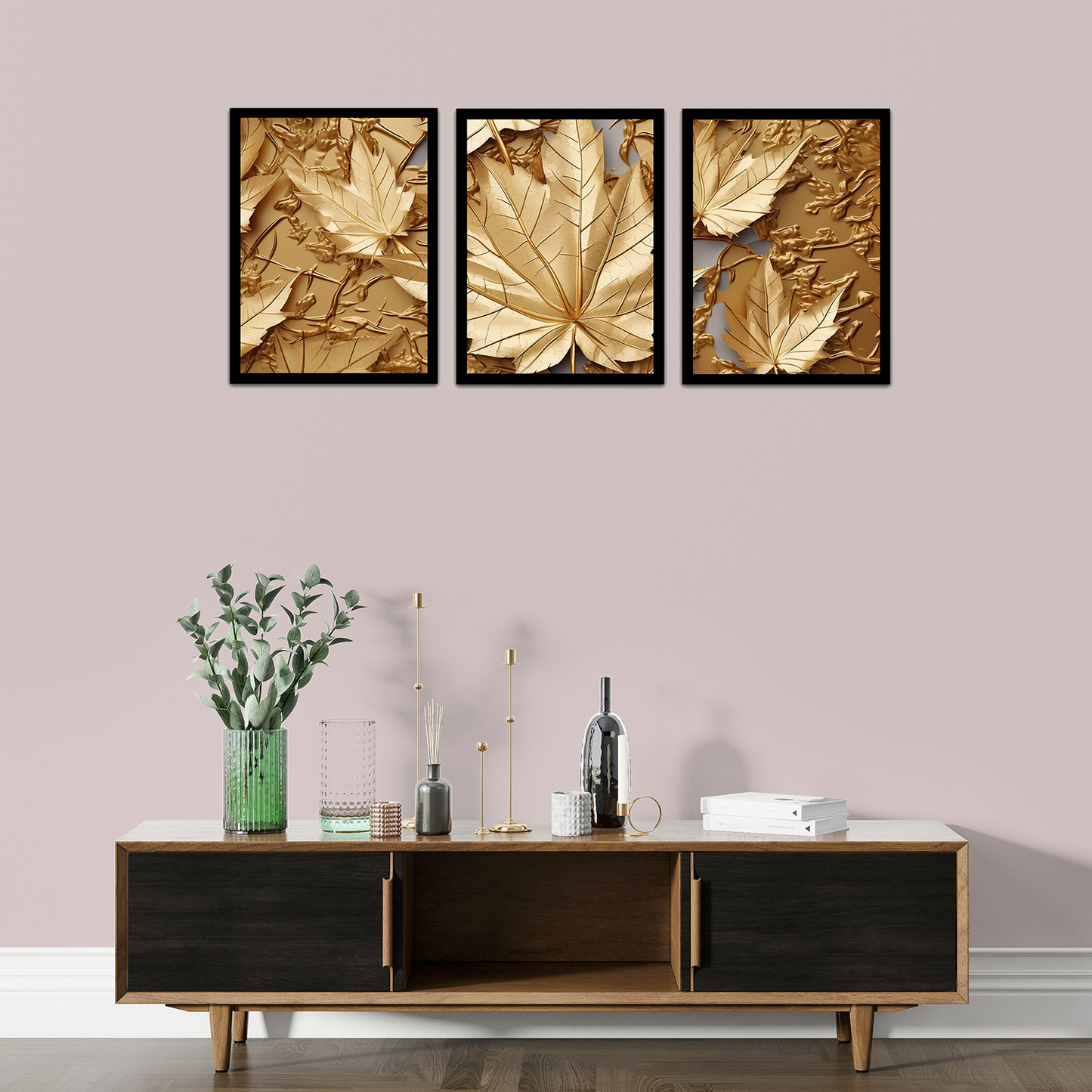 Abstract Golden Leaves Wall Art Frames for Modern Decor