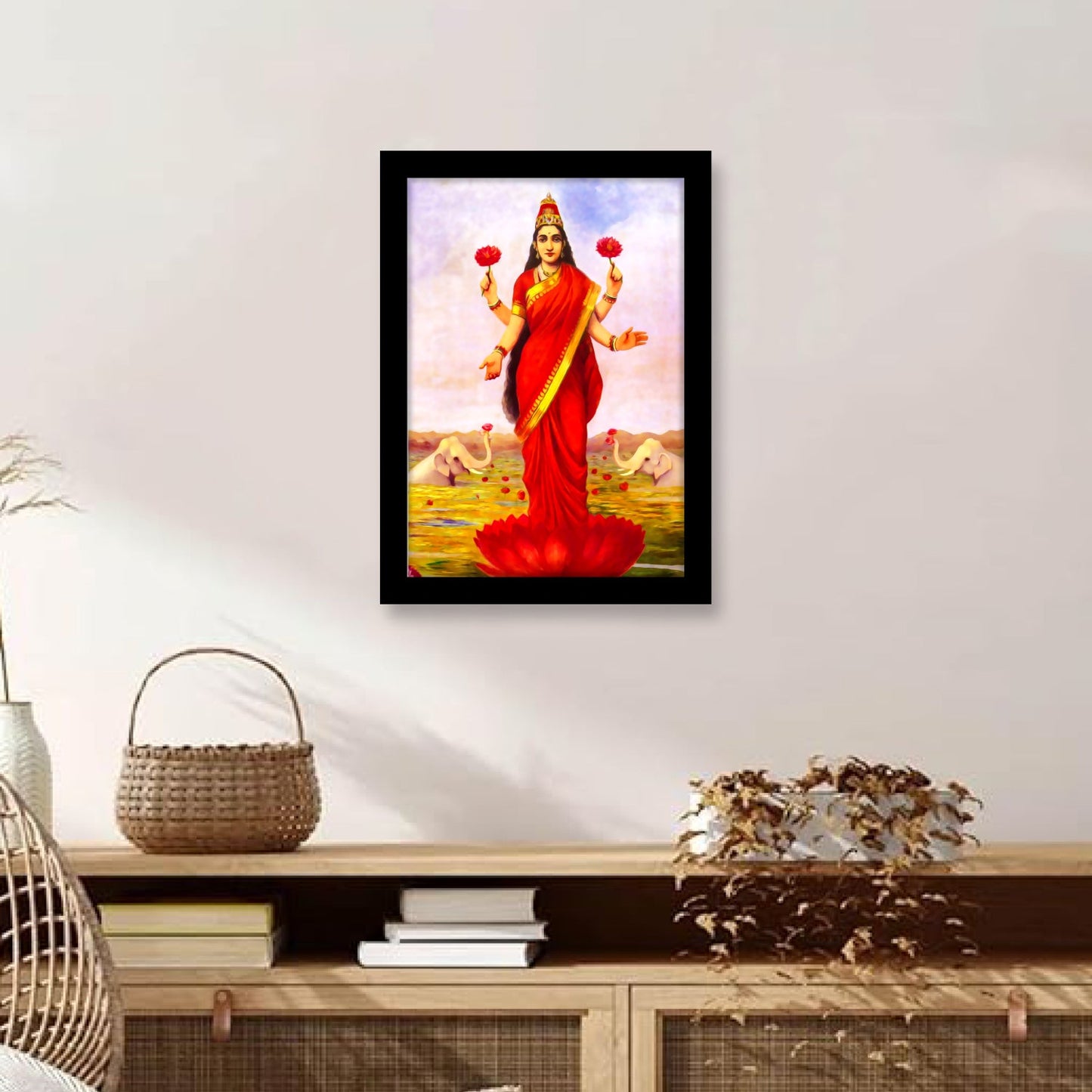 Goddess Lakshmi Wall Art with Frame – Artwork by Raja Ravi Varma