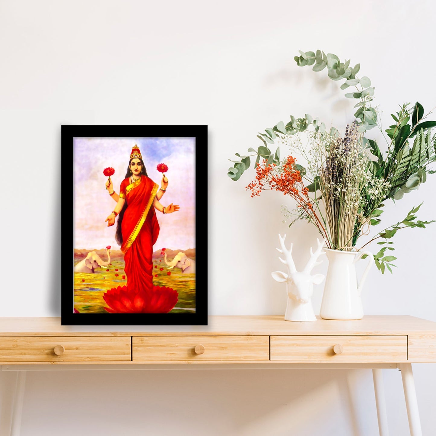 Goddess Lakshmi Wall Art with Frame – Artwork by Raja Ravi Varma