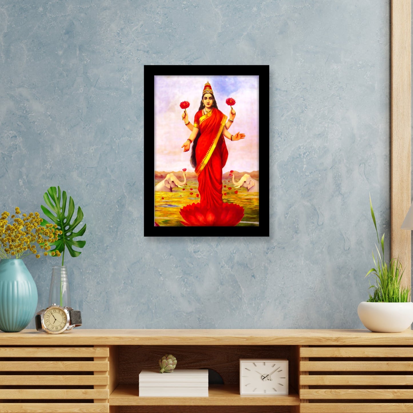 Goddess Lakshmi Wall Art with Frame – Artwork by Raja Ravi Varma