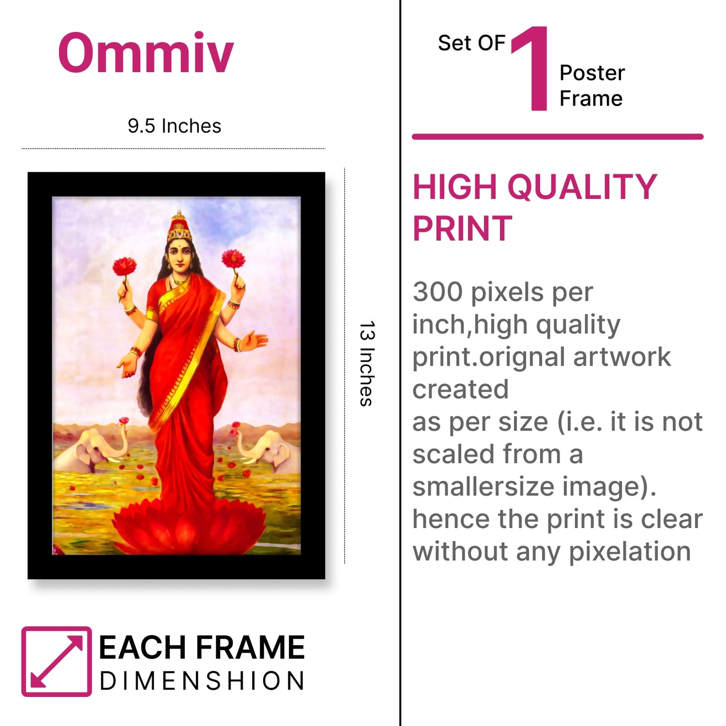 Goddess Lakshmi Wall Art with Frame – Artwork by Raja Ravi Varma