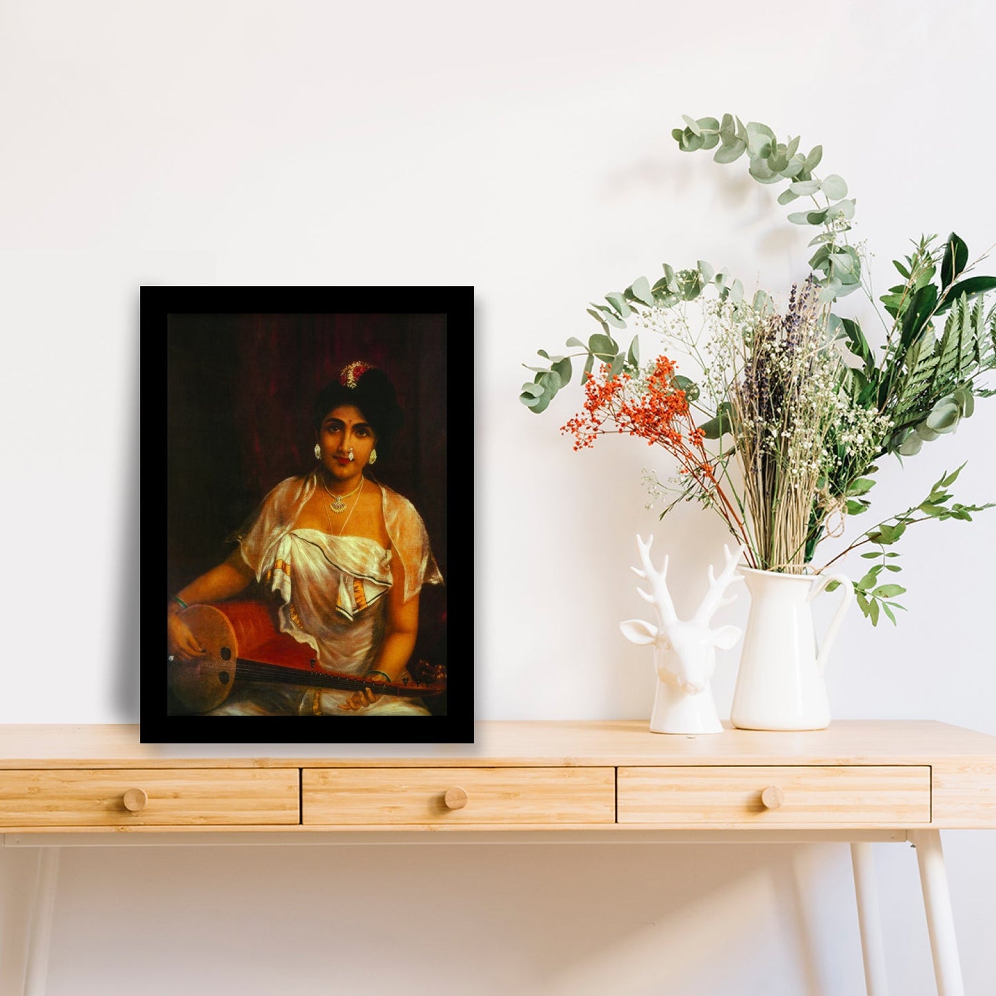 A Lady Playing Veena – Framed Art by Raja Ravi Varma