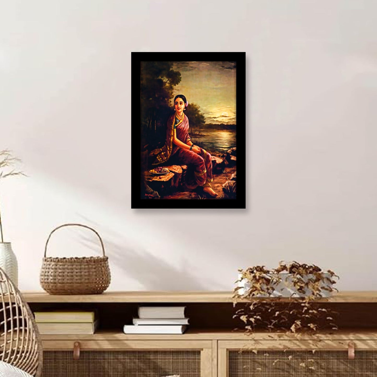 Radha in the Moonlight: Framed Artwork by Raja Ravi Varma