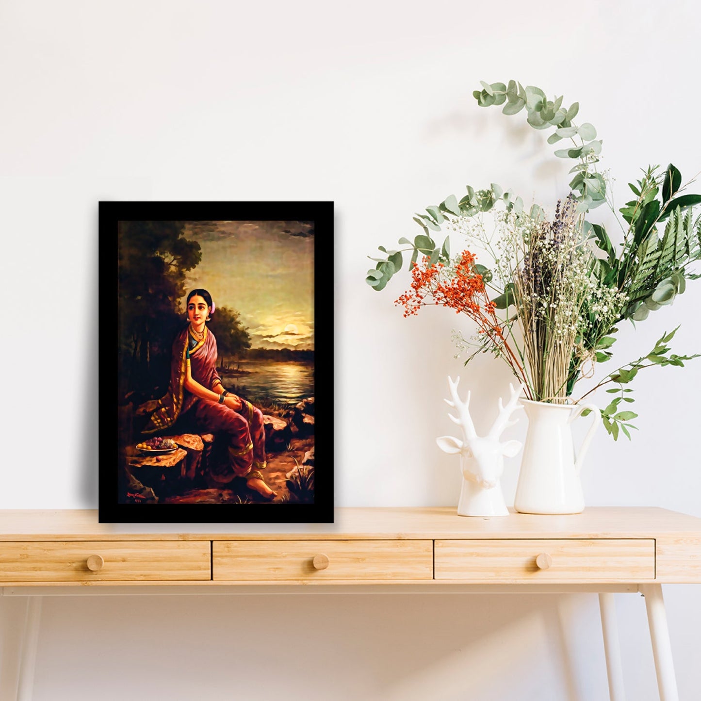 Radha in the Moonlight: Framed Artwork by Raja Ravi Varma