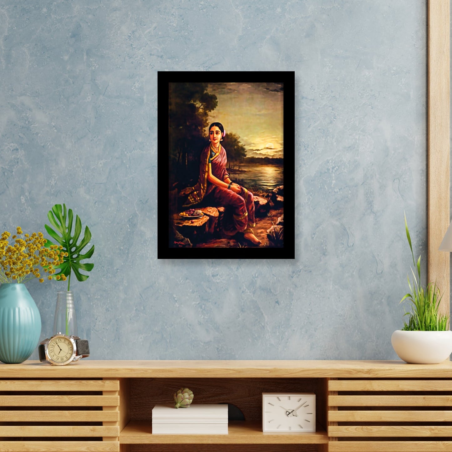 Radha in the Moonlight: Framed Artwork by Raja Ravi Varma