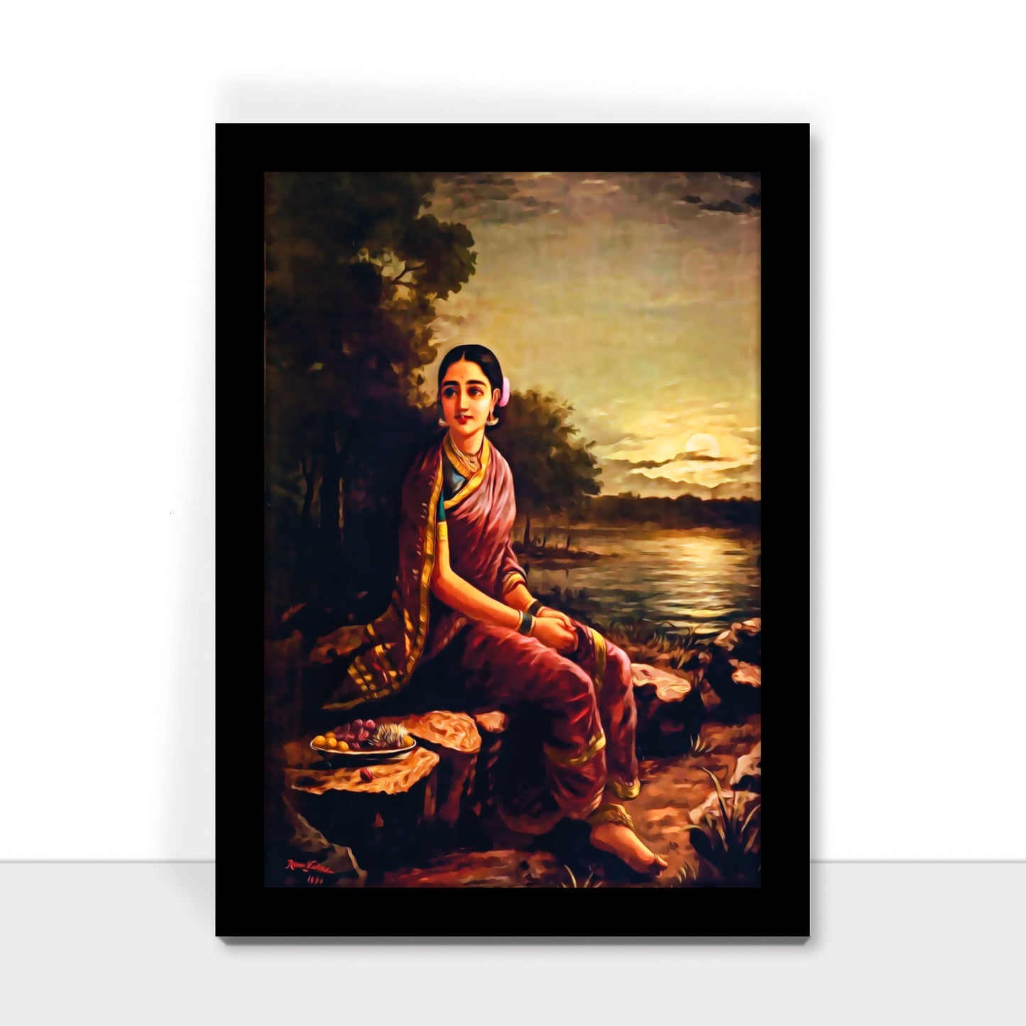 Radha in the Moonlight: Framed Artwork by Raja Ravi Varma