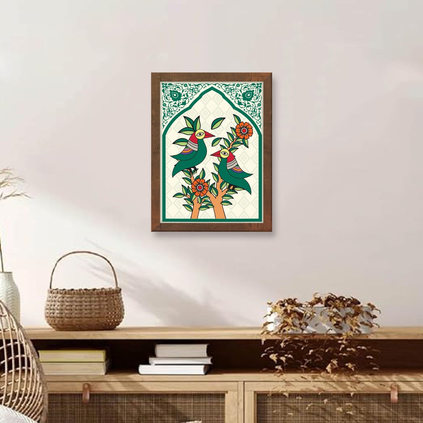 Parrot Folk Painting – Kalighat & Madhubani Art Style Frame