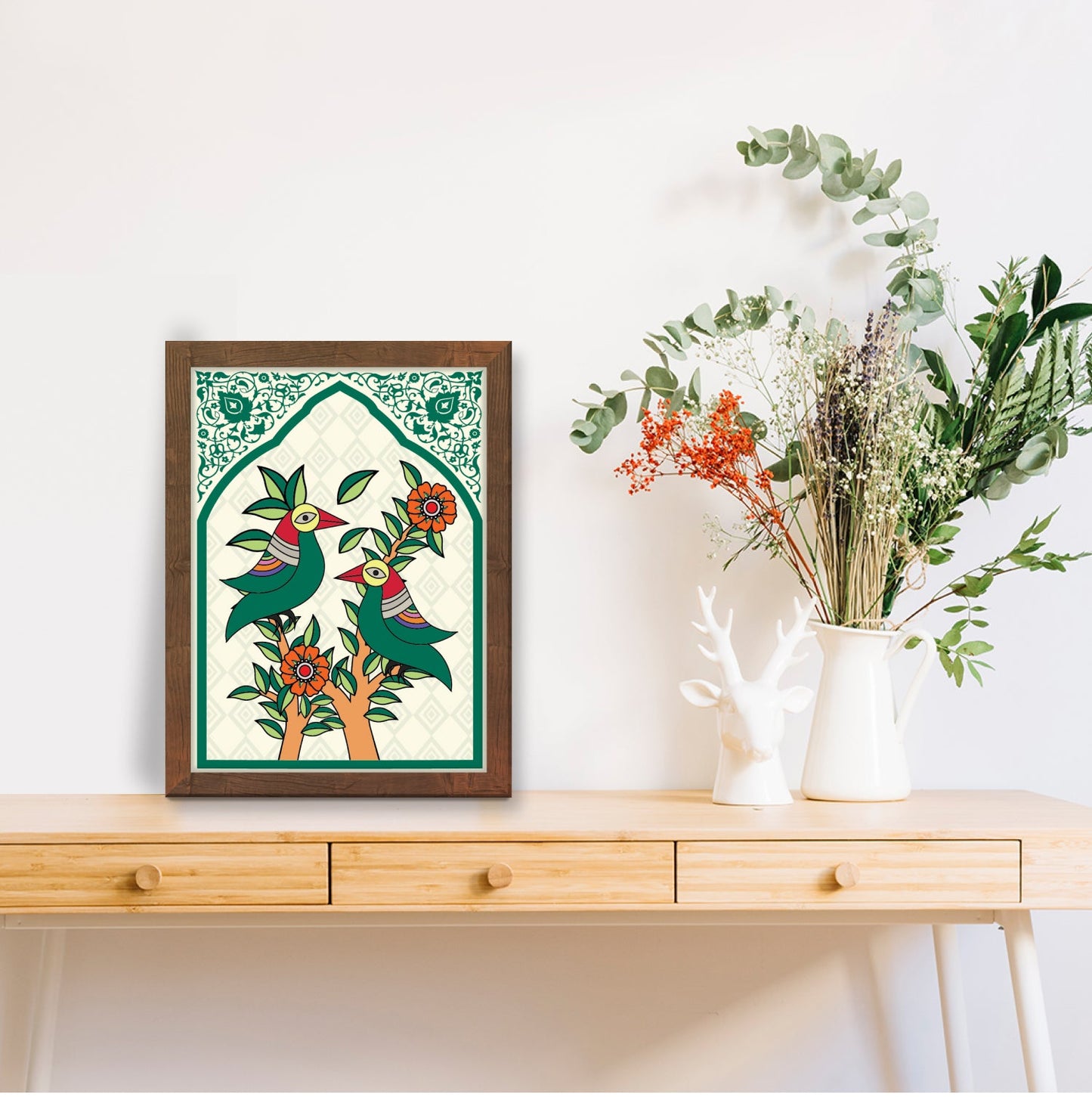Parrot Folk Painting – Kalighat & Madhubani Art Style Frame