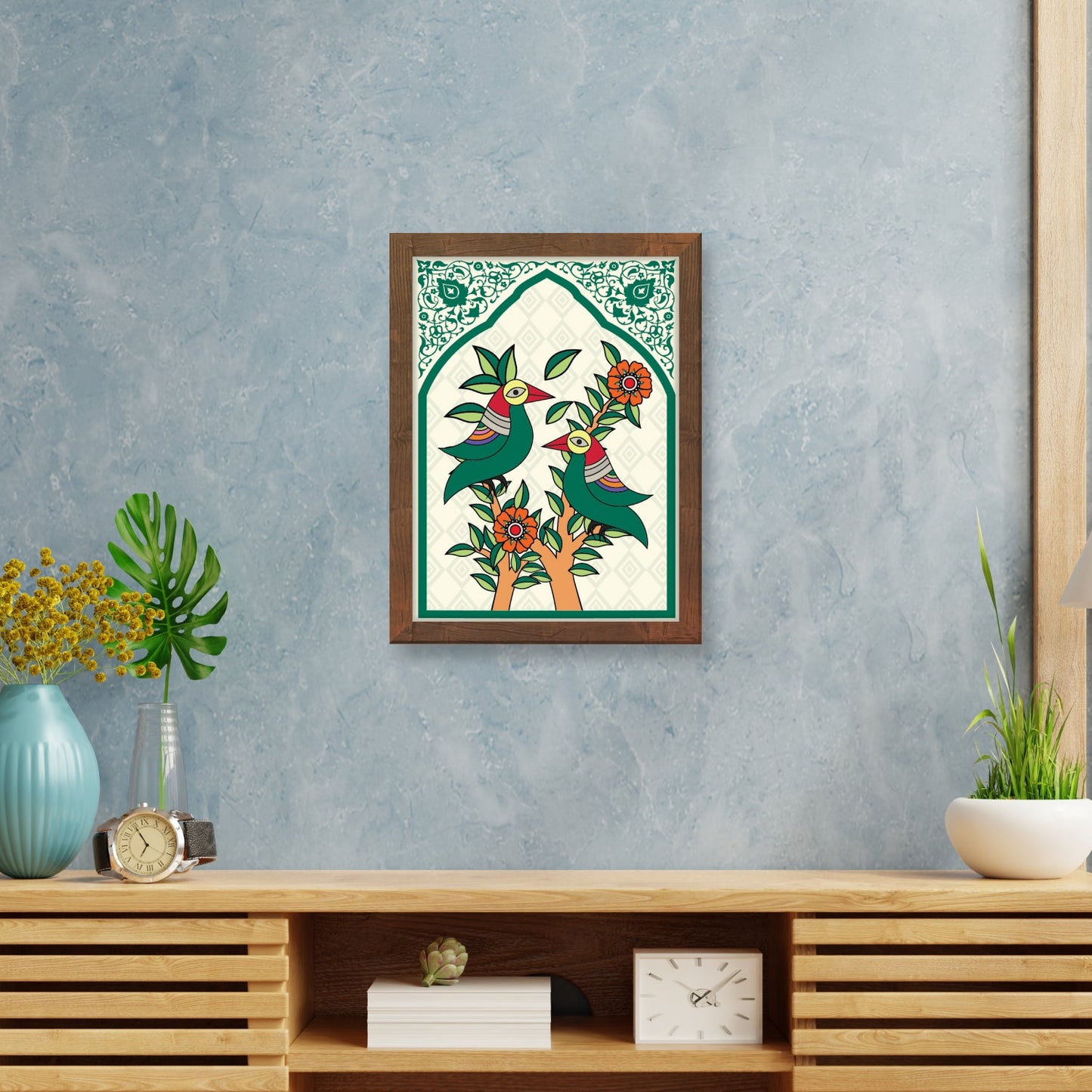 Parrot Folk Painting – Kalighat & Madhubani Art Style Frame