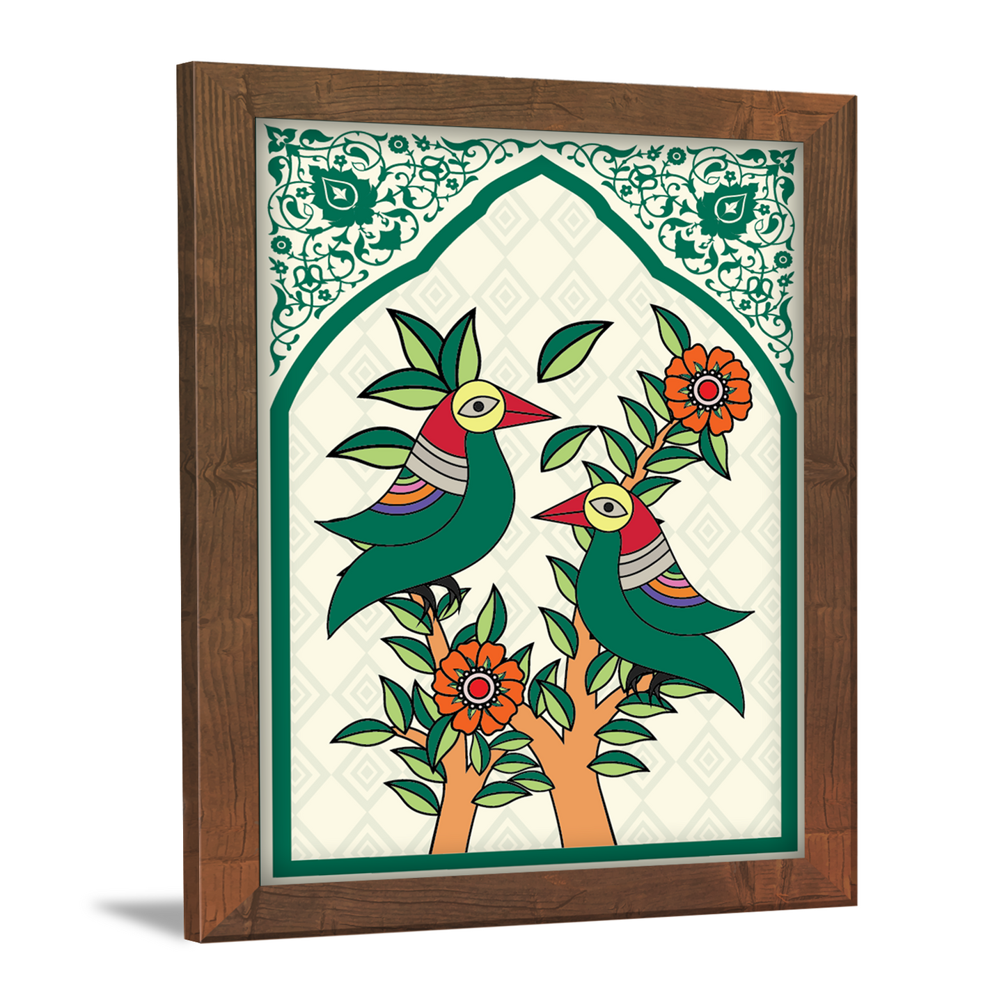 Parrot Folk Painting – Kalighat & Madhubani Art Style Frame