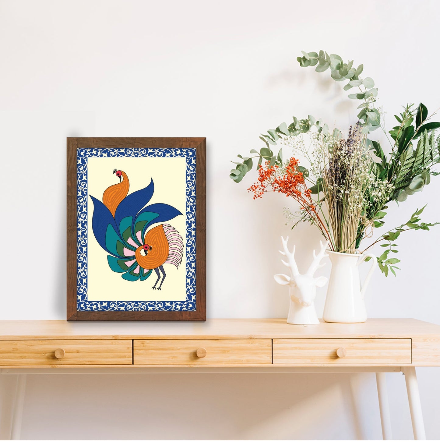 Enchanting Peacock Abstract Madhubani Art Wall Frame