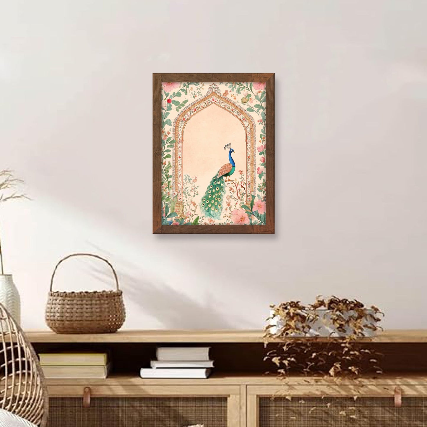 Indian Floral Border Mughal with Peacock Madhubani Art Frame