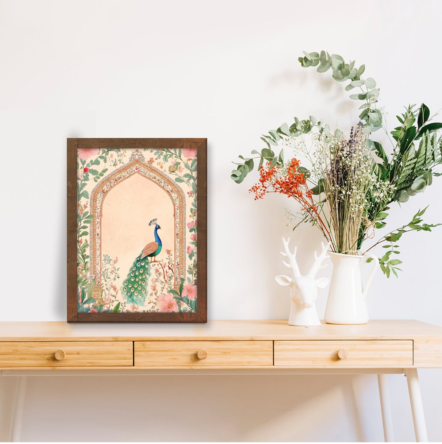 Indian Floral Border Mughal with Peacock Madhubani Art Frame