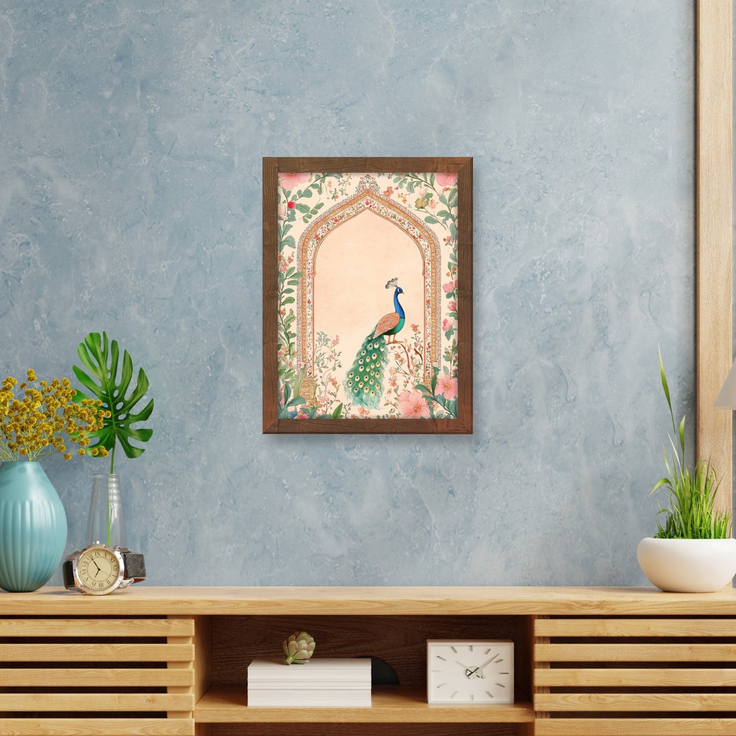 Indian Floral Border Mughal with Peacock Madhubani Art Frame