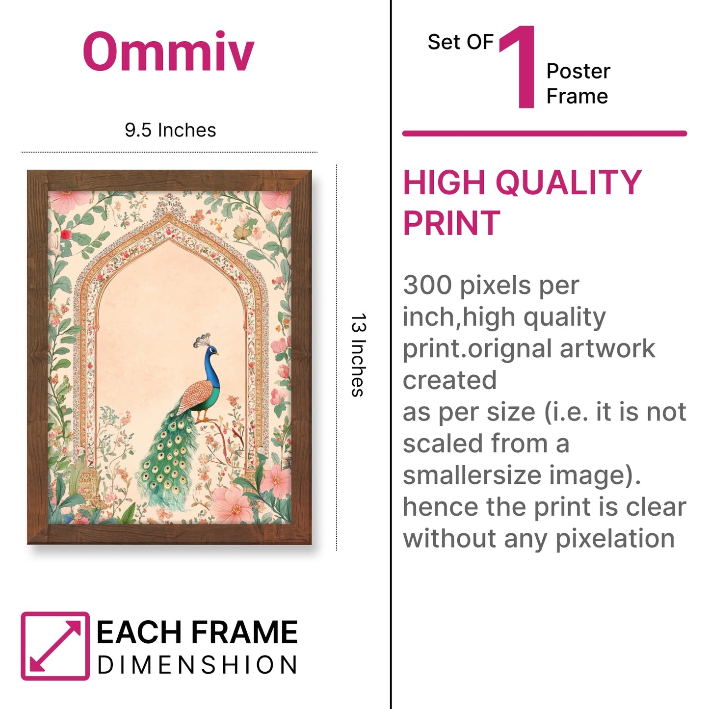 Indian Floral Border Mughal with Peacock Madhubani Art Frame