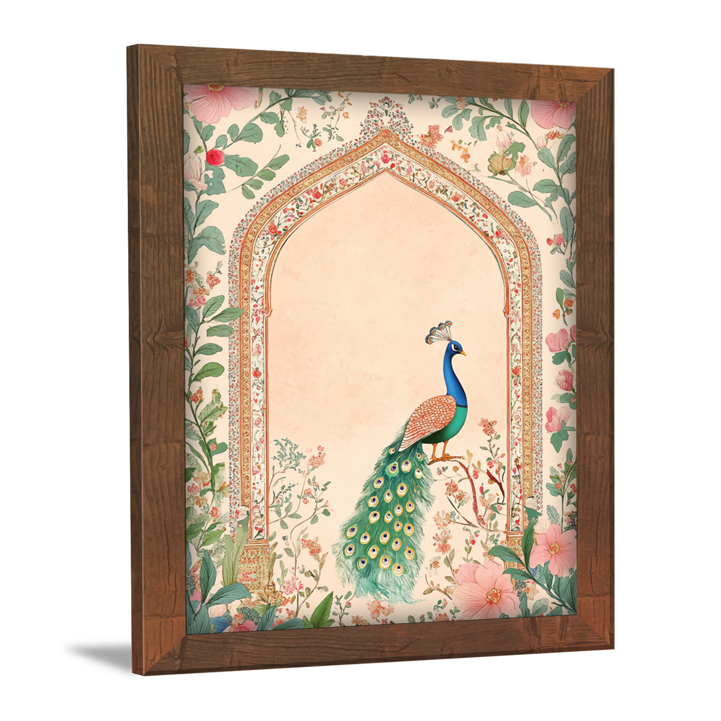 Indian Floral Border Mughal with Peacock Madhubani Art Frame