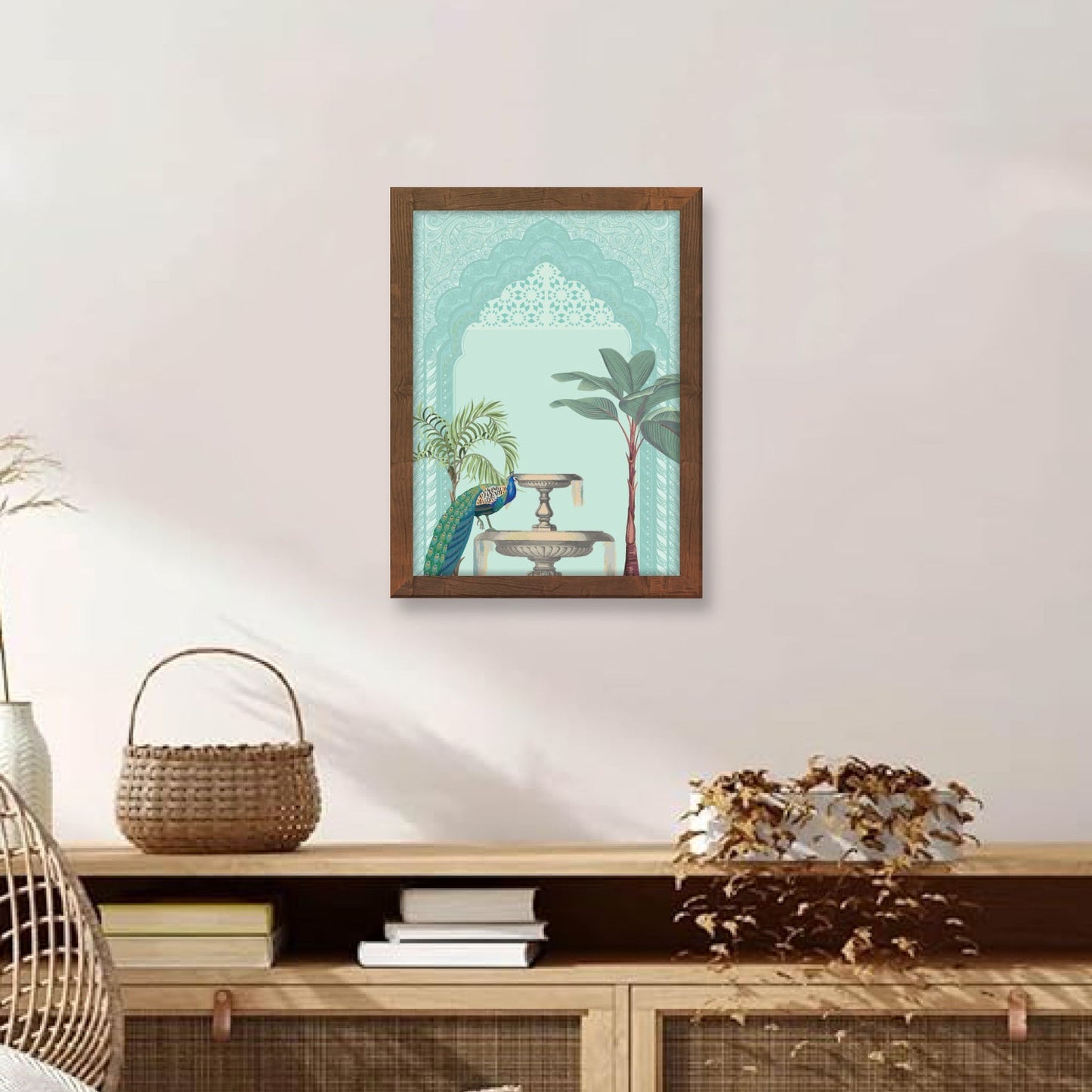 Graceful Peacock on Fountain with Madhubani Art Frame