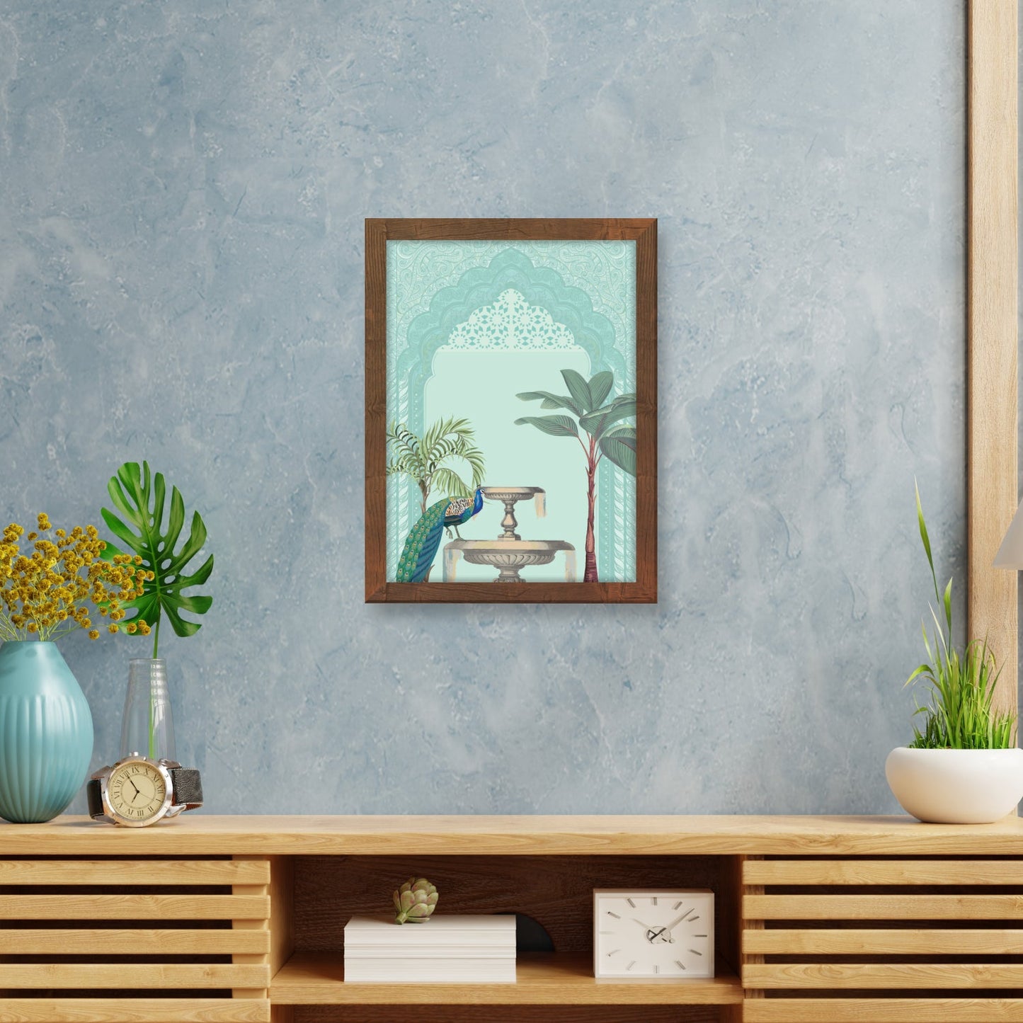 Graceful Peacock on Fountain with Madhubani Art Frame