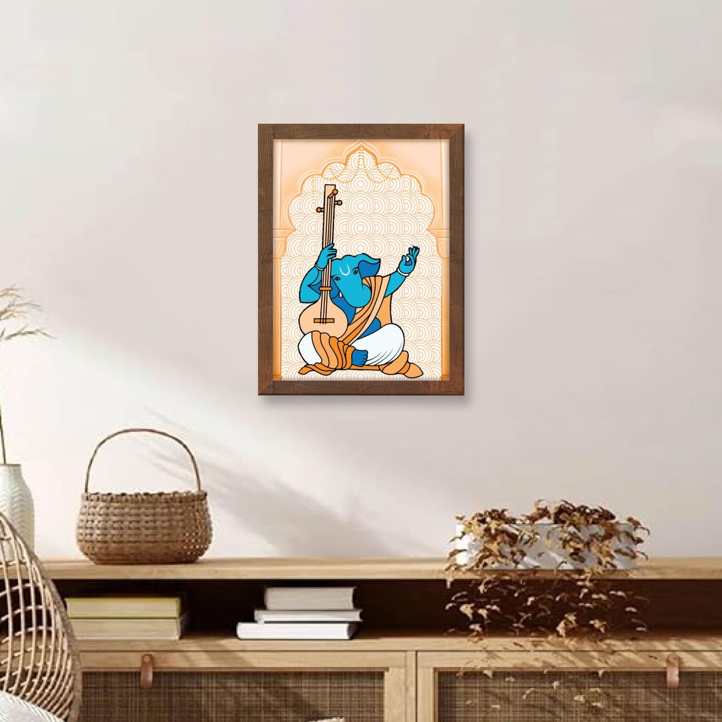 Ganpati Playing the Veena – Traditional Madhubani Folk Art Wall Frame