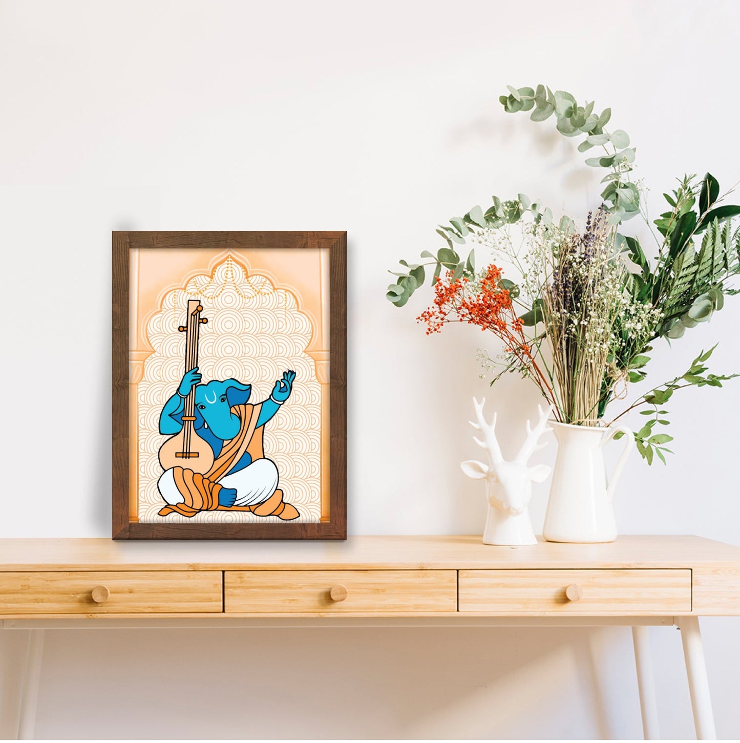 Ganpati Playing the Veena – Traditional Madhubani Folk Art Wall Frame