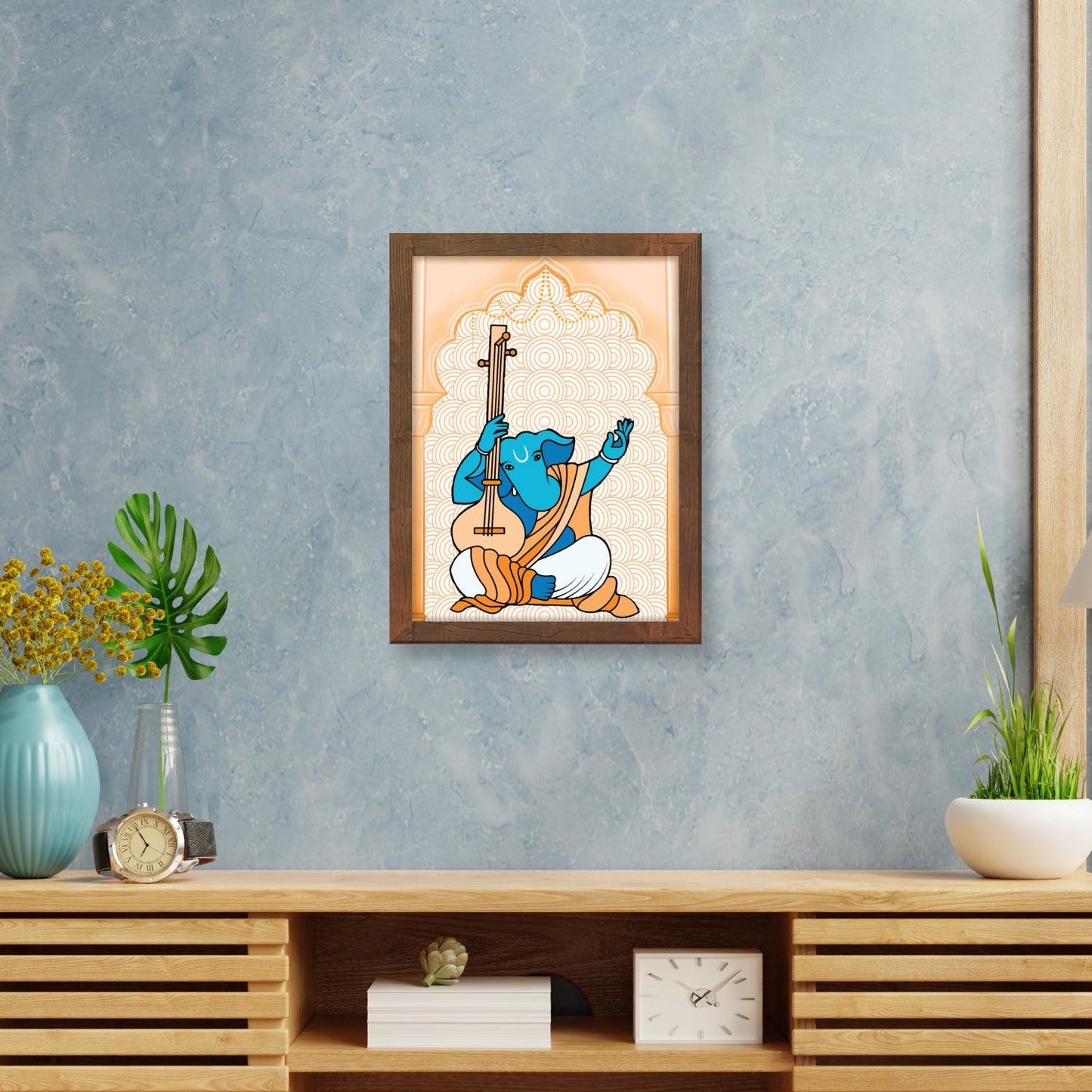 Ganpati Playing the Veena – Traditional Madhubani Folk Art Wall Frame