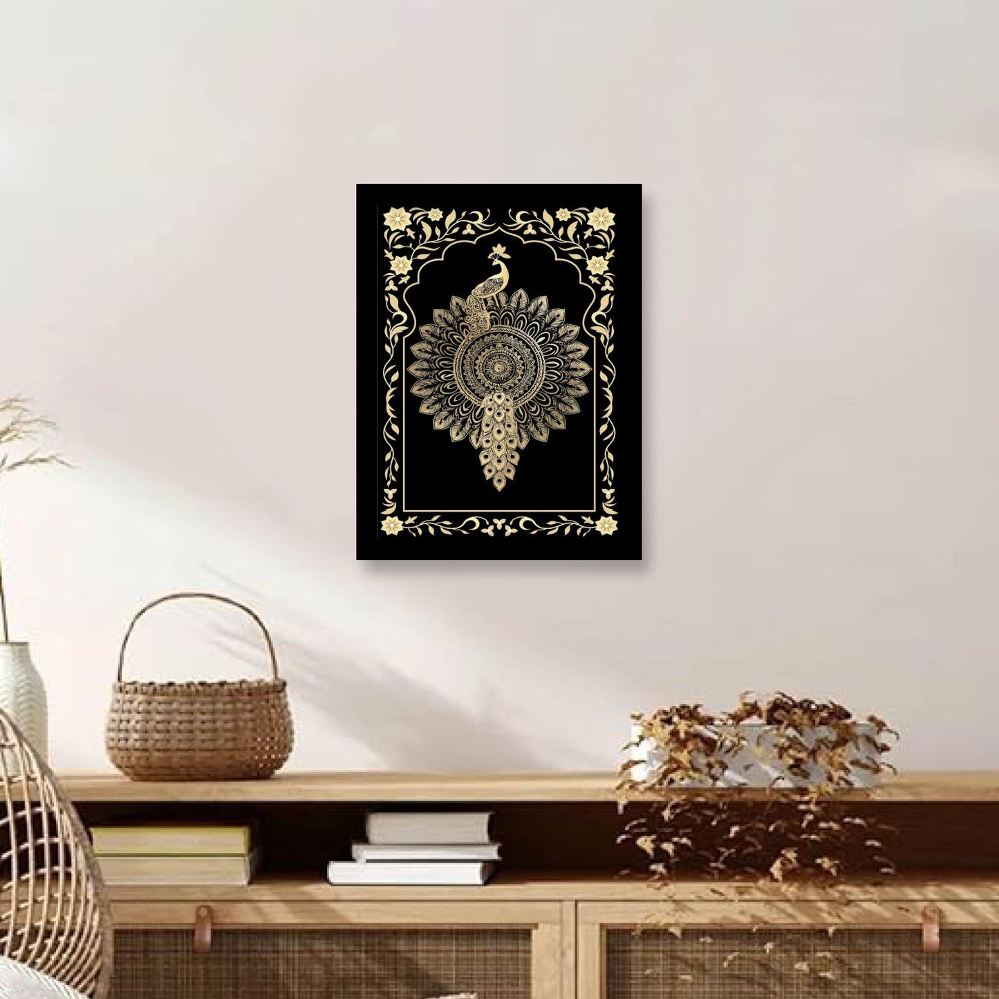 Golden Peacock Mandala Art – Kalamkari Embroidery Frame