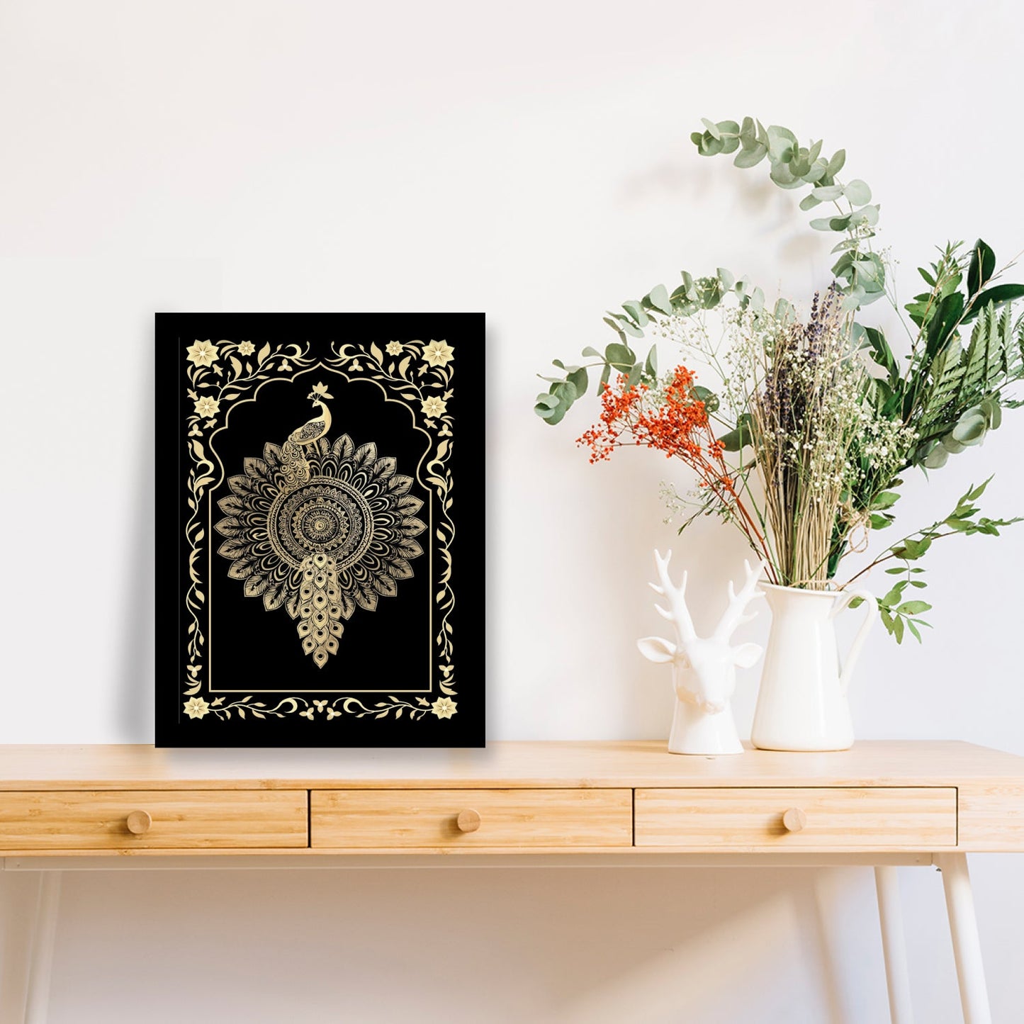 Golden Peacock Mandala Art – Kalamkari Embroidery Frame