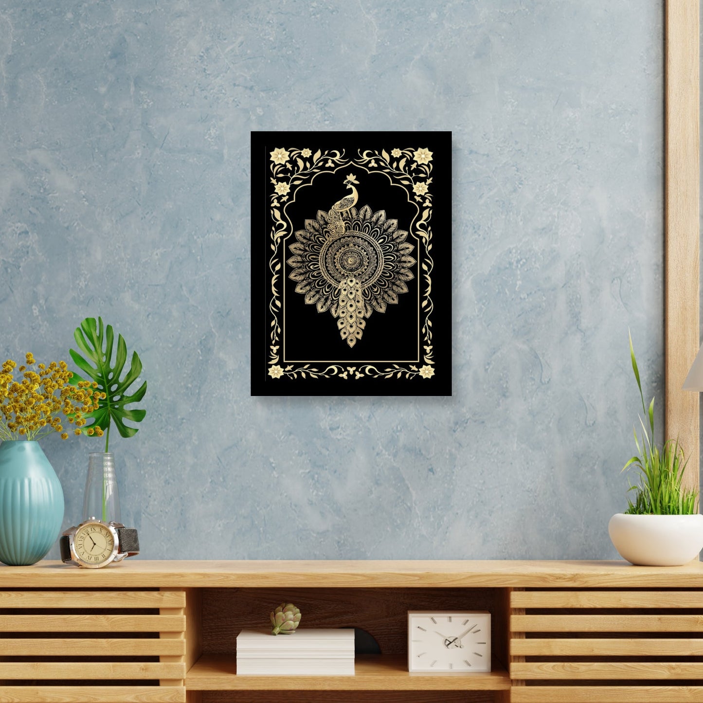 Golden Peacock Mandala Art – Kalamkari Embroidery Frame
