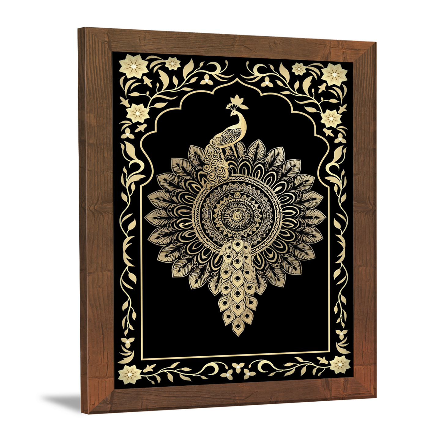 Golden Peacock Mandala Art – Kalamkari Embroidery Frame