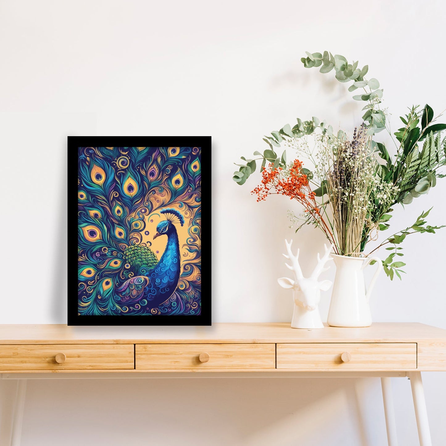 Digital Peacock Illustration Kalamkari Art Wall Decor