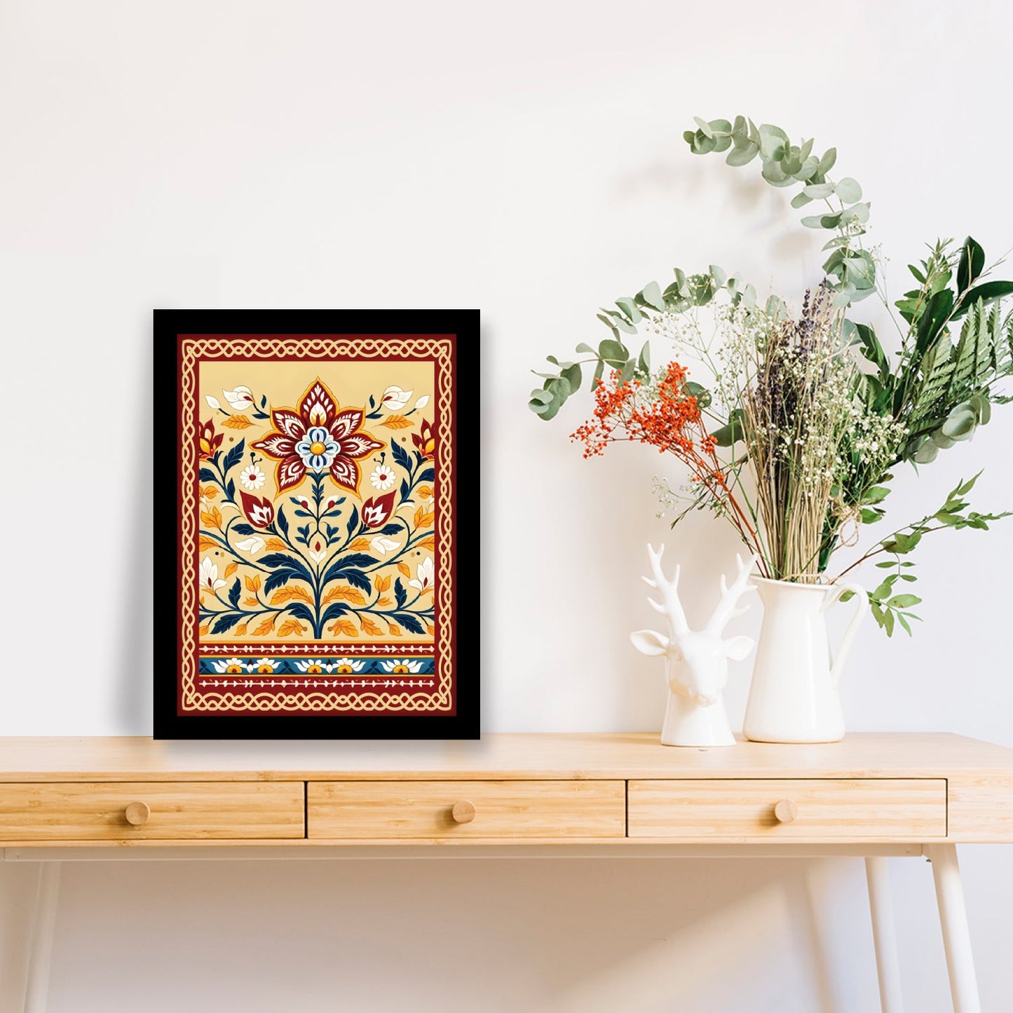 Colorful Flower in Indian Folk Art Kalamkari Painting