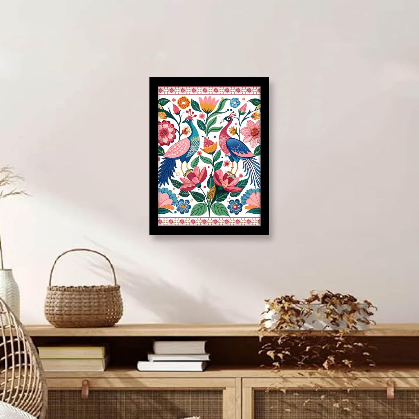 Peacock and Pink Flowers Floral Indian Kalamkari Art Paint