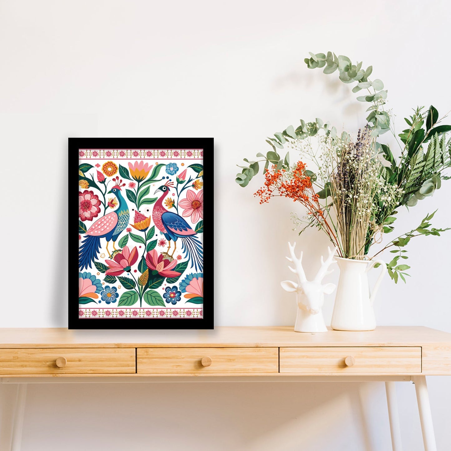 Peacock and Pink Flowers Floral Indian Kalamkari Art Paint