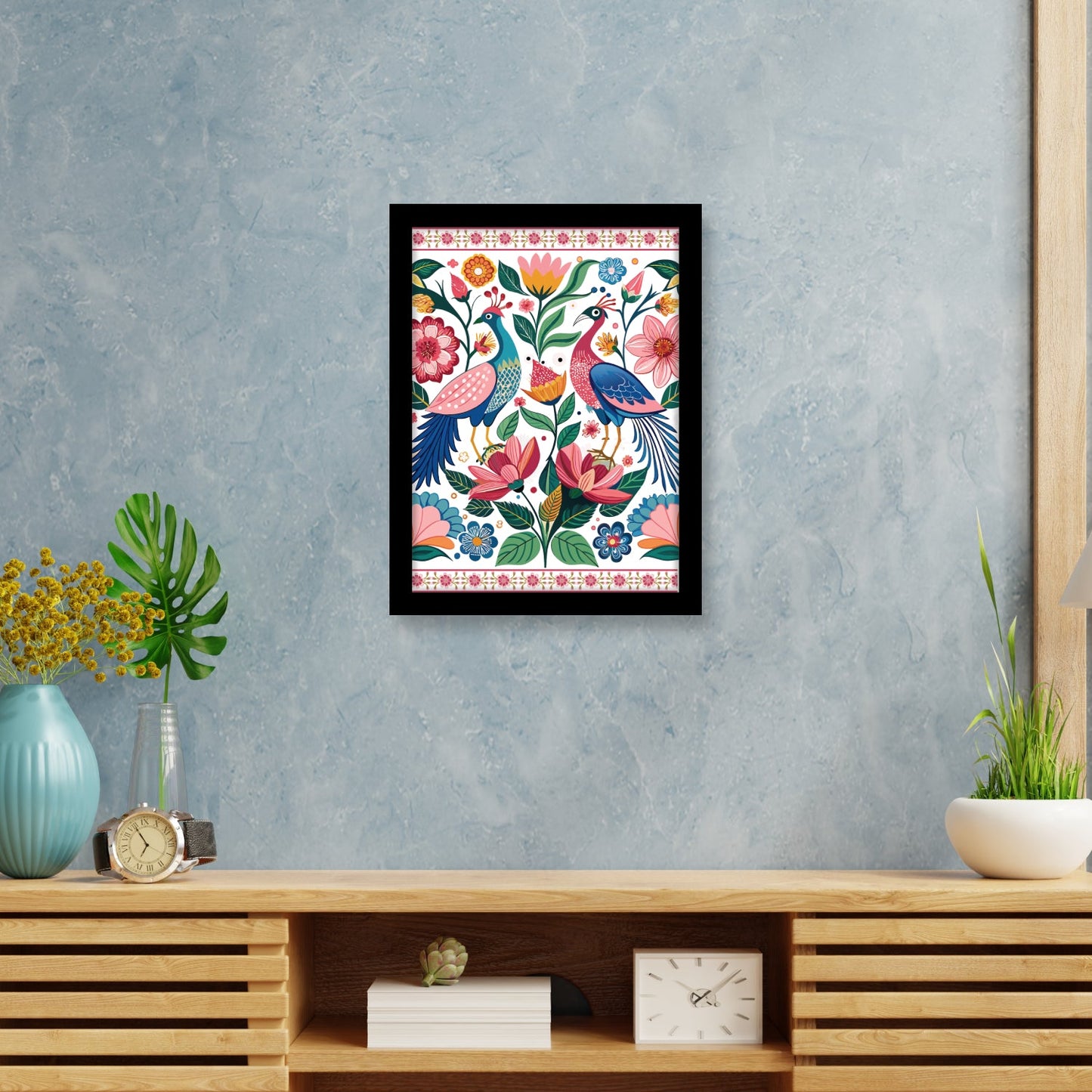 Peacock and Pink Flowers Floral Indian Kalamkari Art Paint