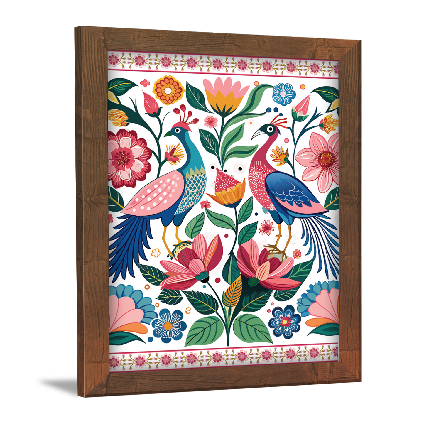 Peacock and Pink Flowers Floral Indian Kalamkari Art Paint