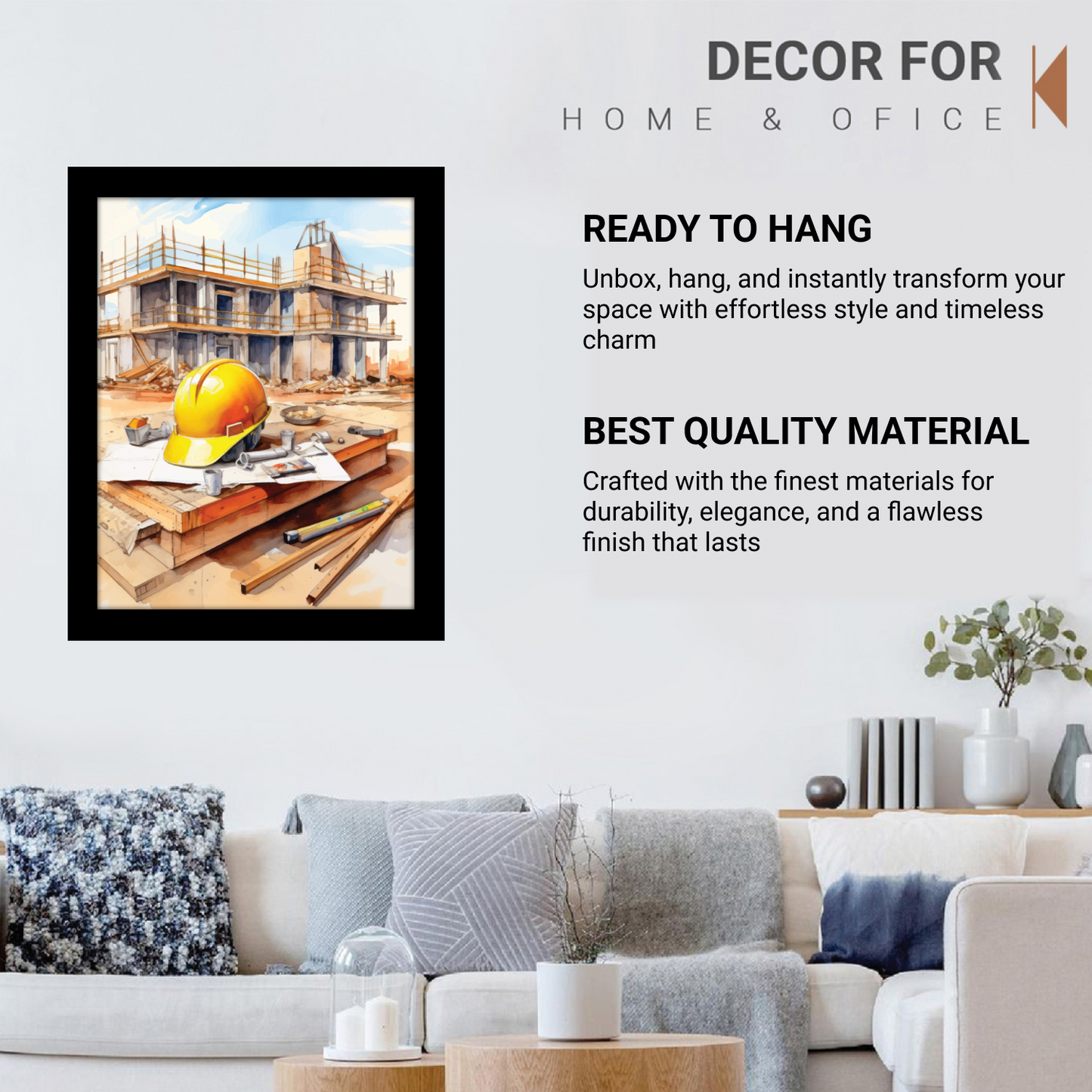 Construction Site with Helmet & Tools – Framed Artwork & Wall Decor