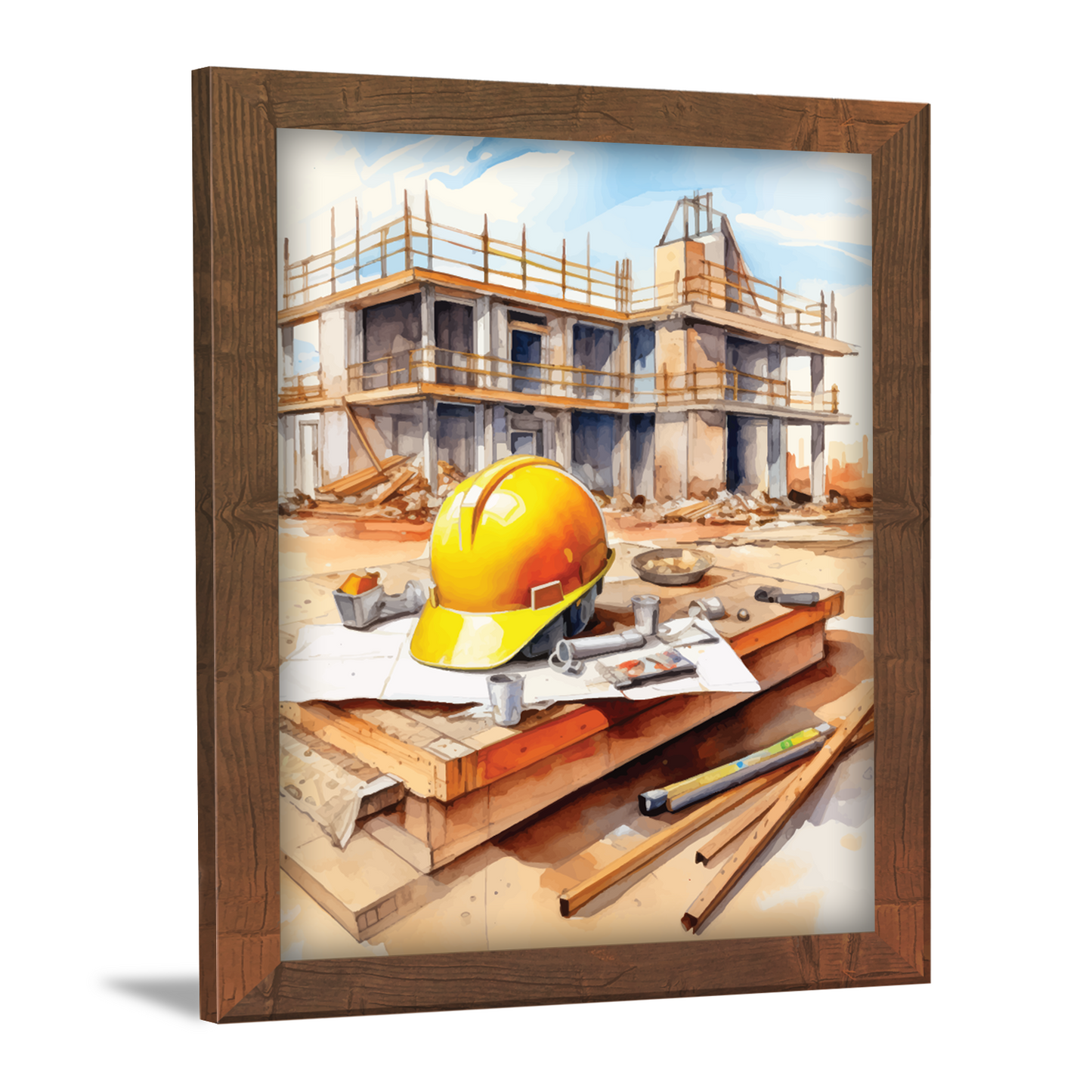 Construction Site with Helmet & Tools – Framed Artwork & Wall Decor