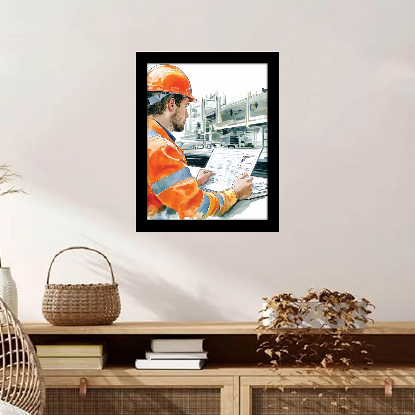 Innovation on Site: Worker Using Laptop – Frame & Wall Art