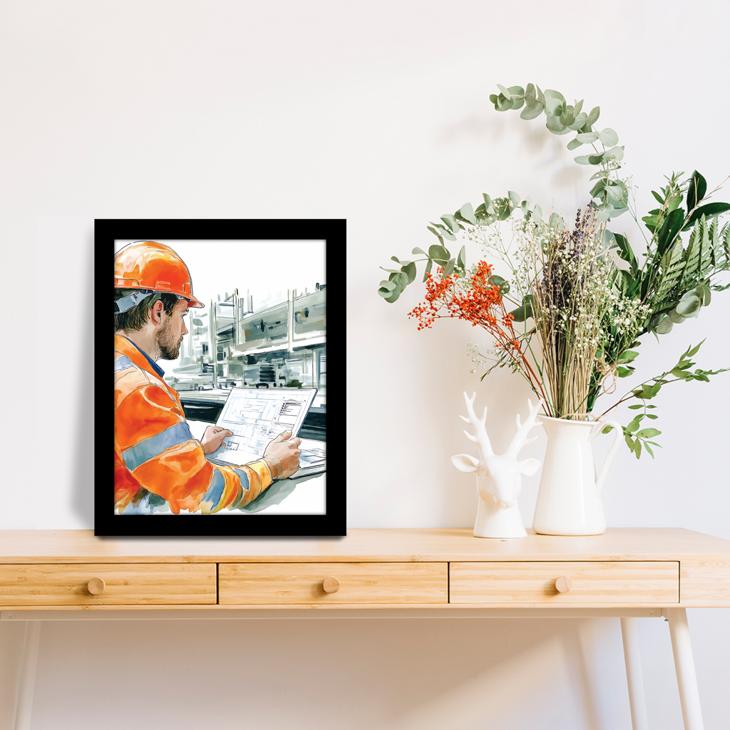Innovation on Site: Worker Using Laptop – Frame & Wall Art