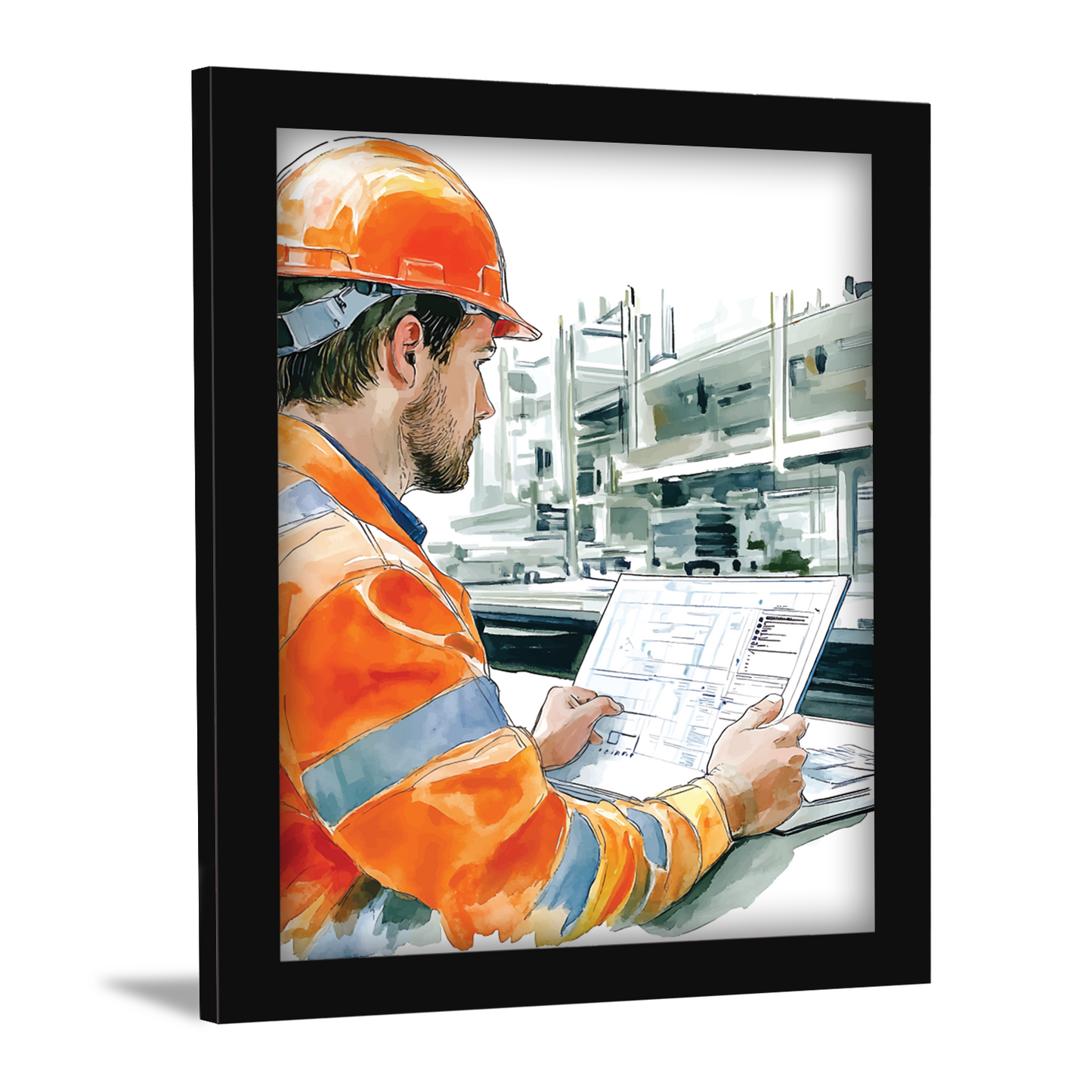 Innovation on Site: Worker Using Laptop – Frame & Wall Art