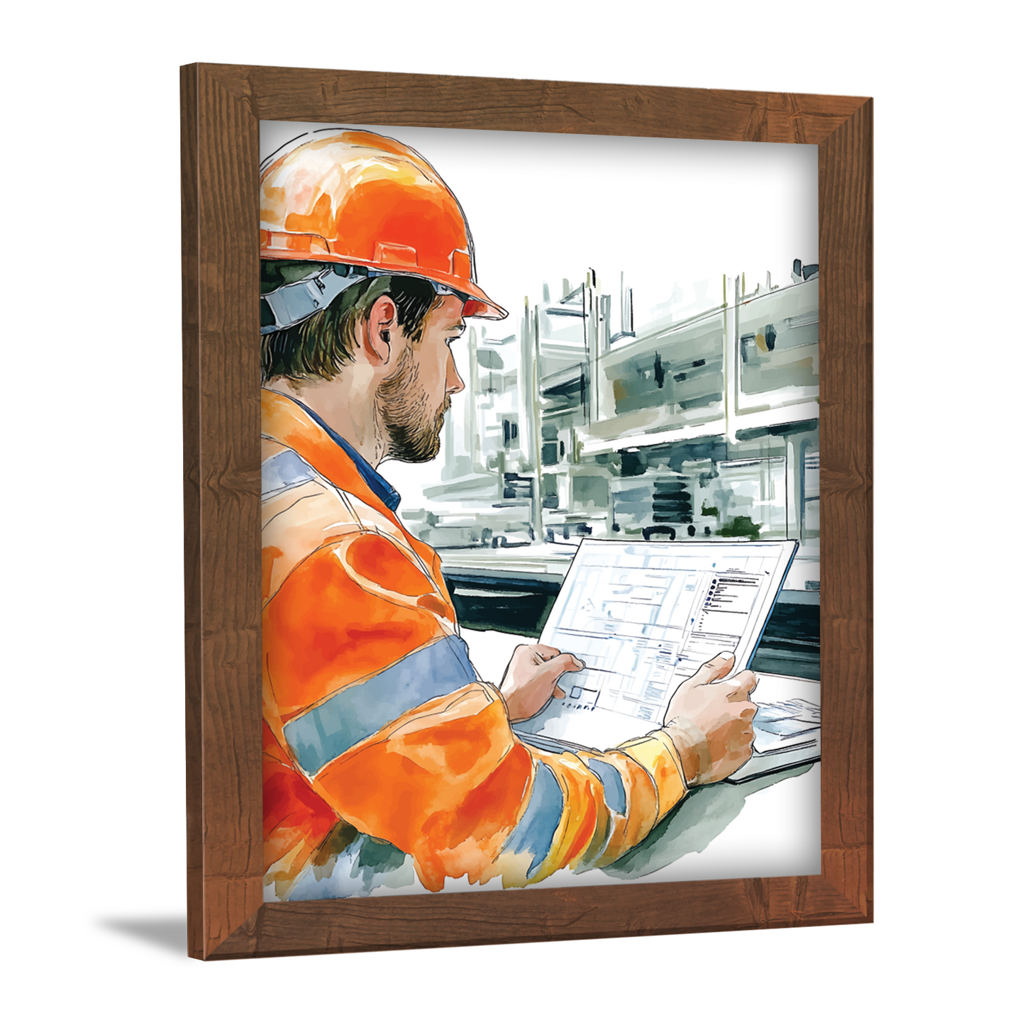 Innovation on Site: Worker Using Laptop – Frame & Wall Art